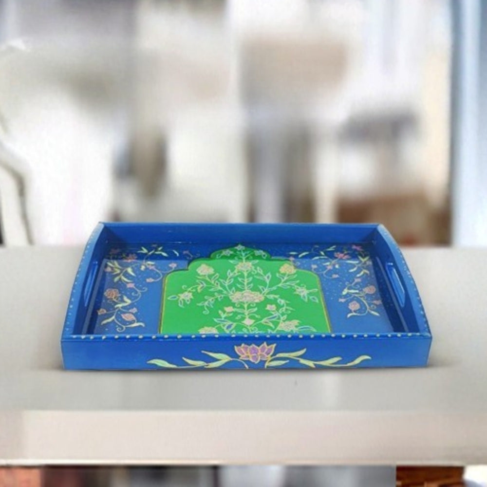 blue green floral wooden tray